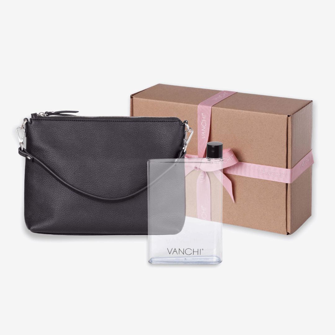 Vegan Leather Everyday Crossbody Bag + Bottle Gift Set - Black