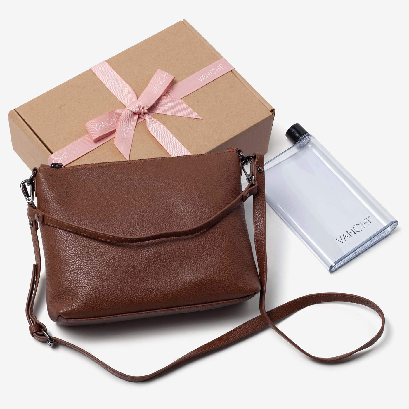 Everyday Leather Crossbody Bag + Bottle Gift Set - Tan