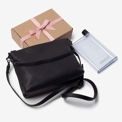 Everyday Leather Crossbody Bag + Bottle Gift Set - Black