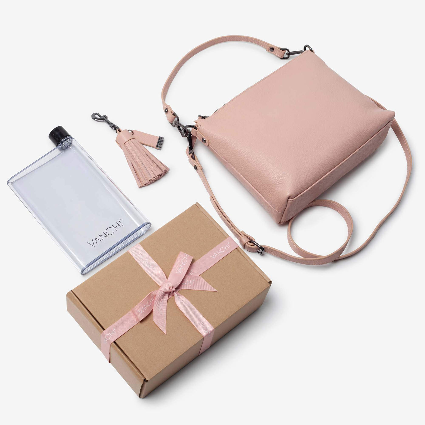 Everyday Leather Crossbody Bag, Leather Key Ring + Bottle Gift Set – Blush