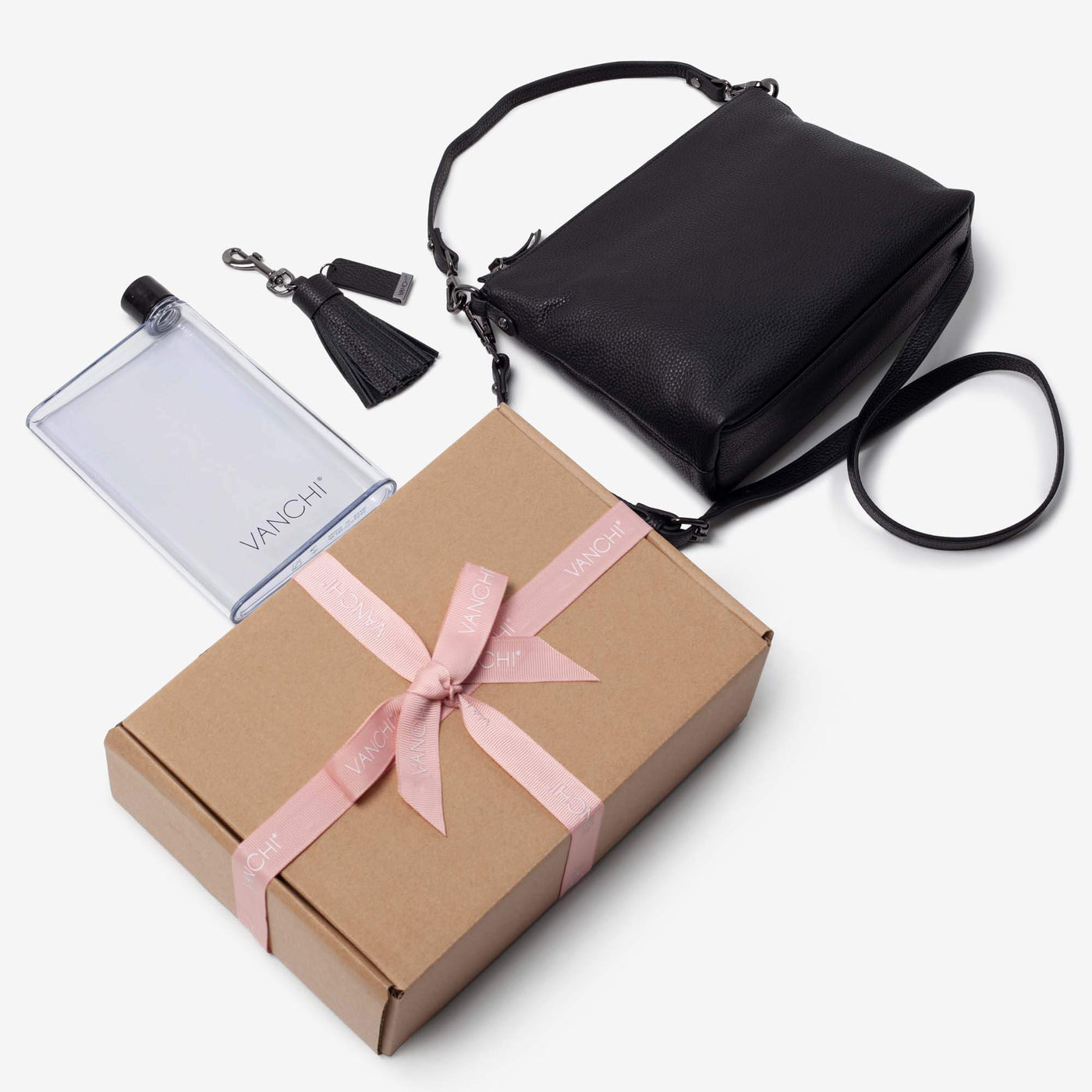 Everyday Leather Crossbody Bag, Leather Key Ring + Bottle Gift Set – Black