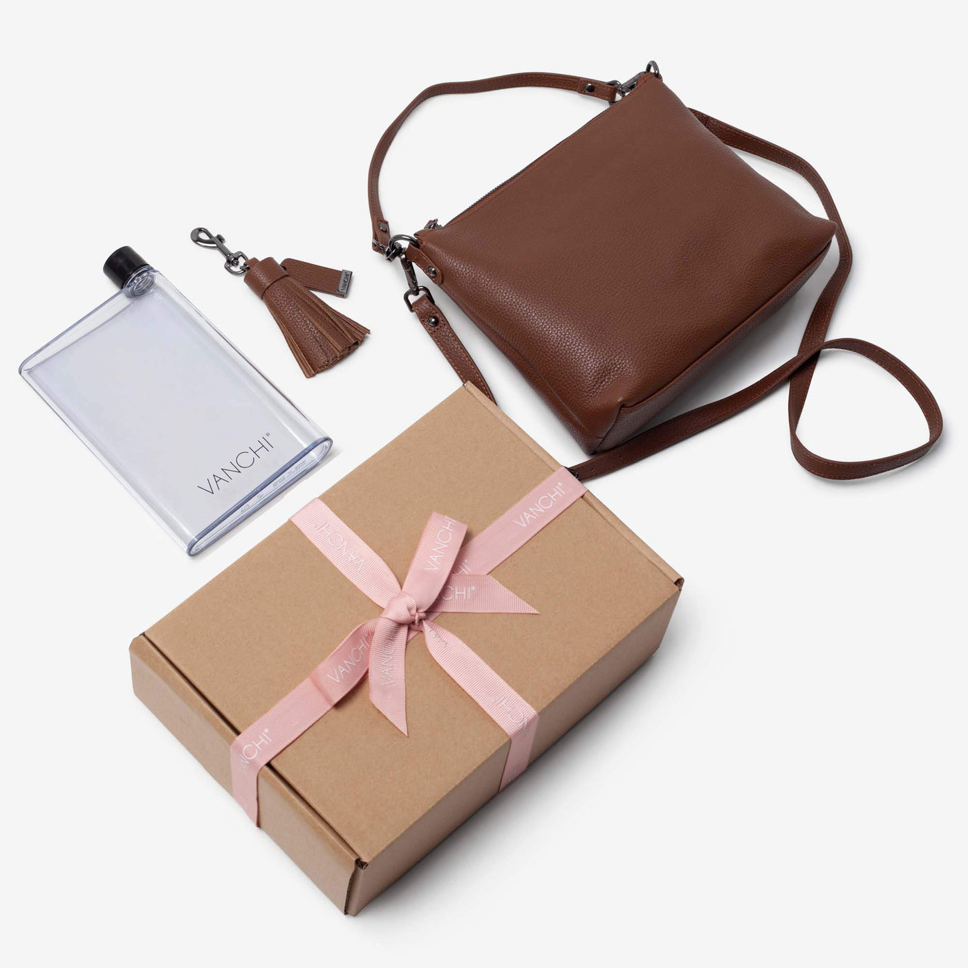 Everyday Leather Crossbody Bag, Leather Key Ring + Bottle Gift Set – Tan