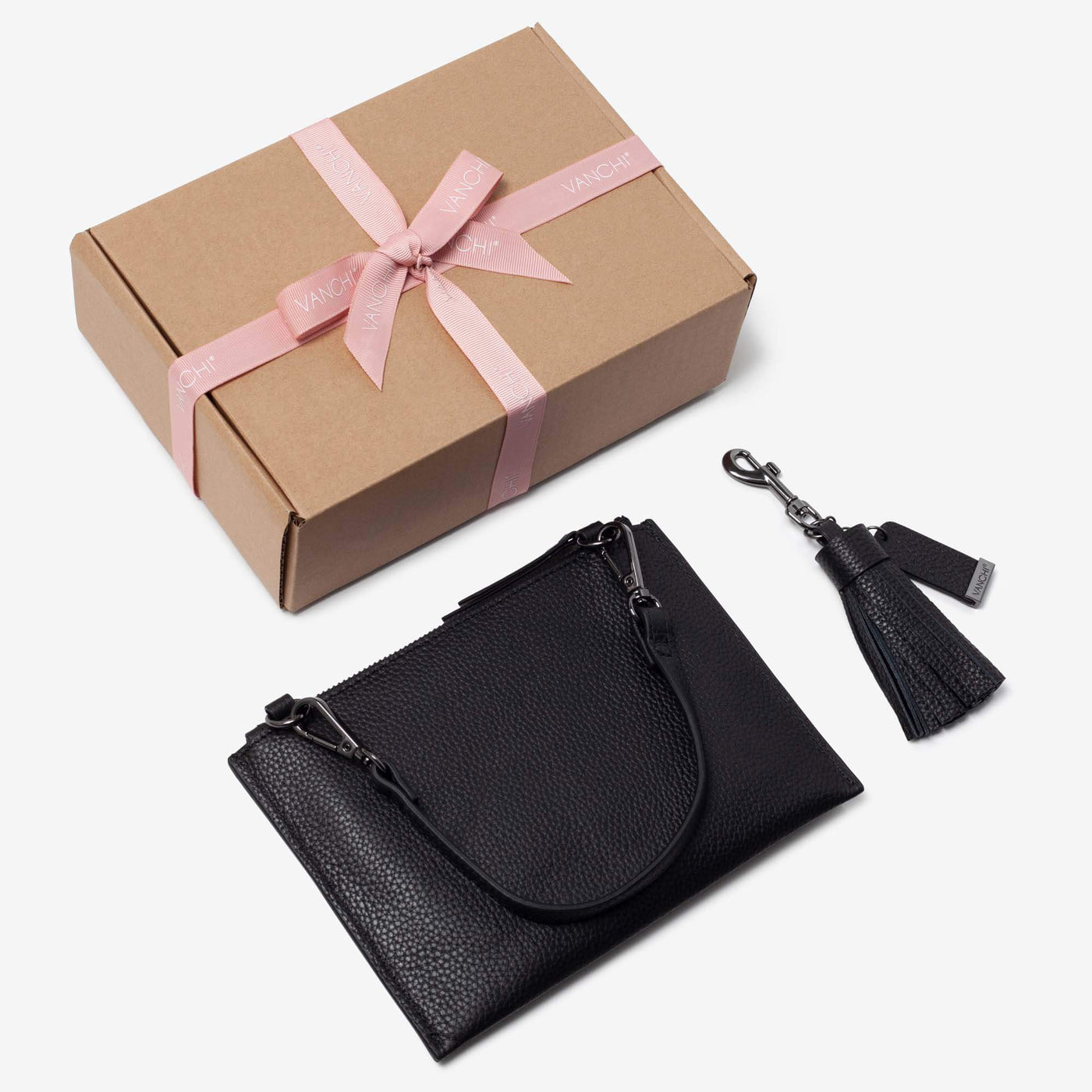 Leather Mini Clutch + Leather Key Ring/ Bag Tassel Gift Set – Black