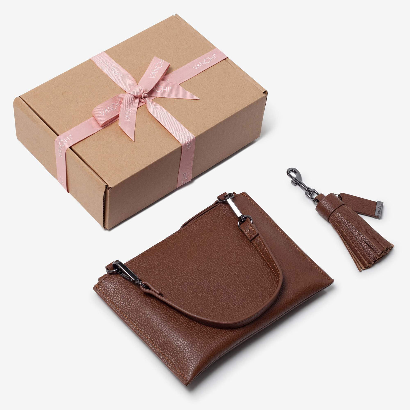 Leather Mini Clutch + Leather Key Ring/ Bag Tassel Gift Set – Tan