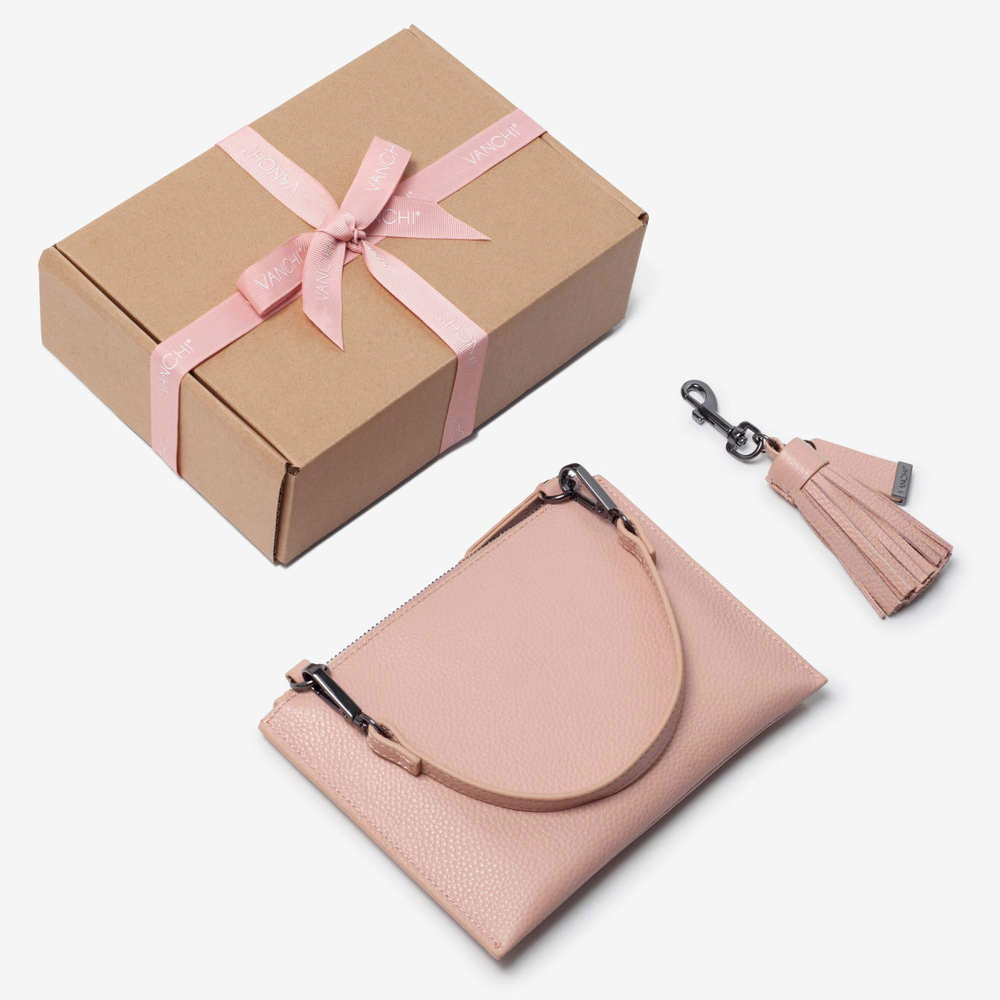 Leather Mini Clutch + Leather Key Ring/ Bag Tassel Gift Set – Blush